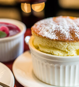 Lemon Souffle with Raspberry Coulis.